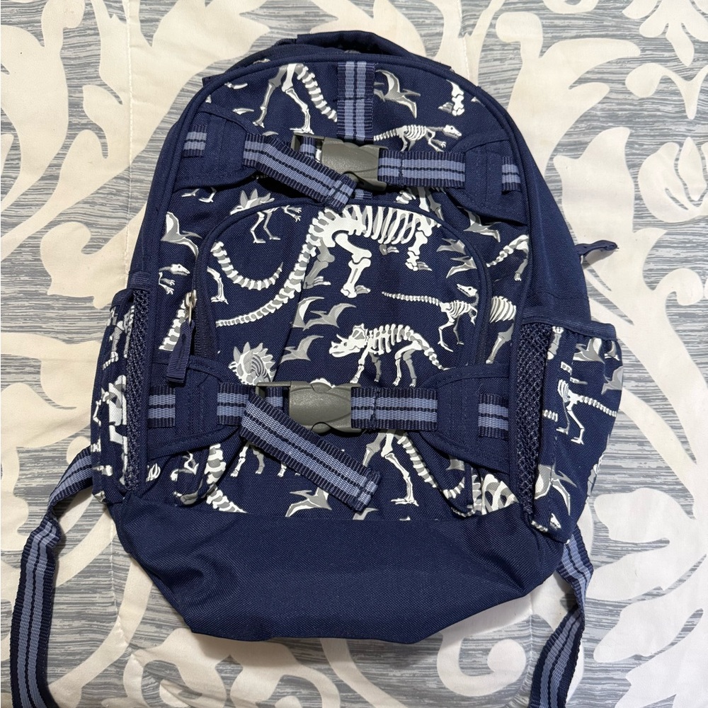 Pottery Barn Kids Blue and White Dinosaur Backpack small size